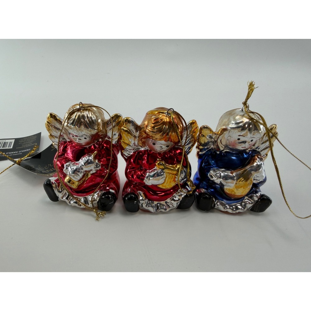 Dolgencorp Porcelain Holiday Angel Ornaments Set of 3 Metallic Red Blue Gold